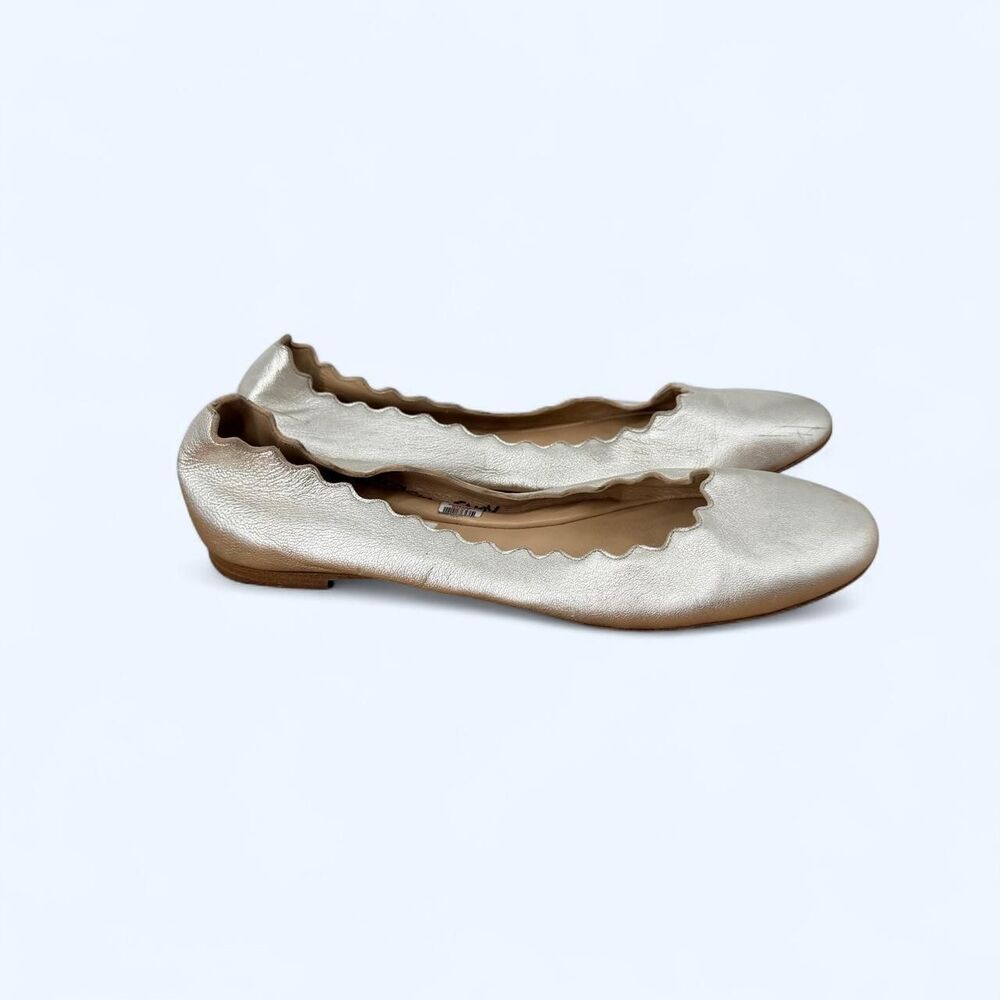 Chloé Metallic Gold Leather Scalloped Edge Round Toe Ballet Flats